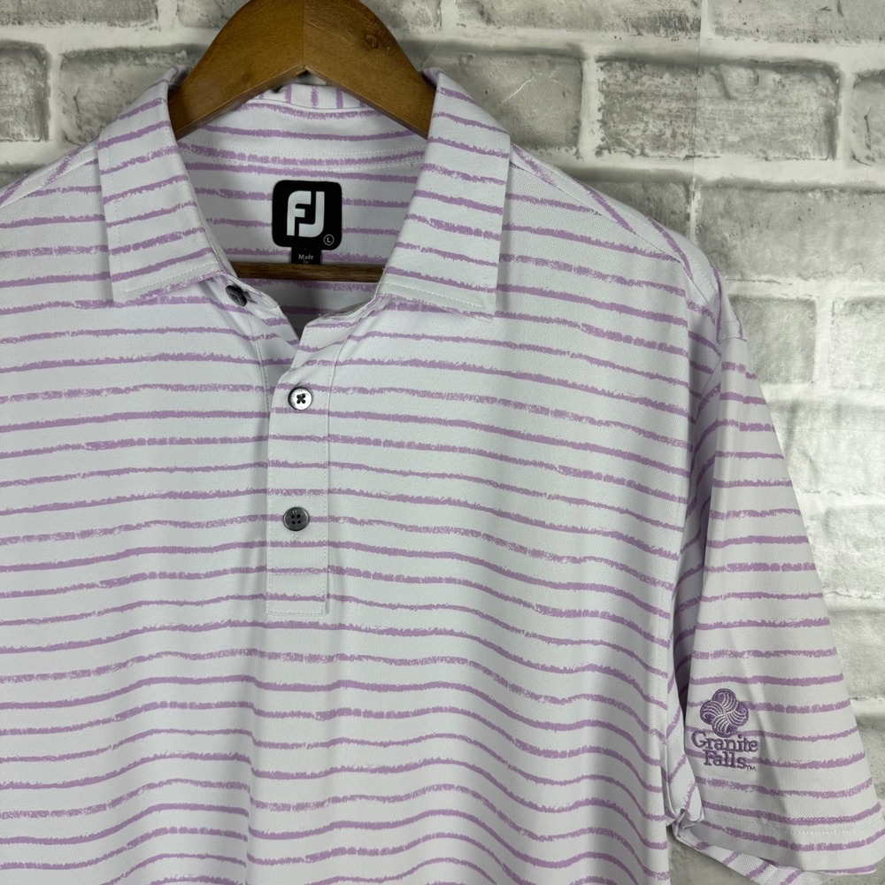 FootJoy Mens Golf Polo Shirt Large White Purple Broken Striped Granite Falls